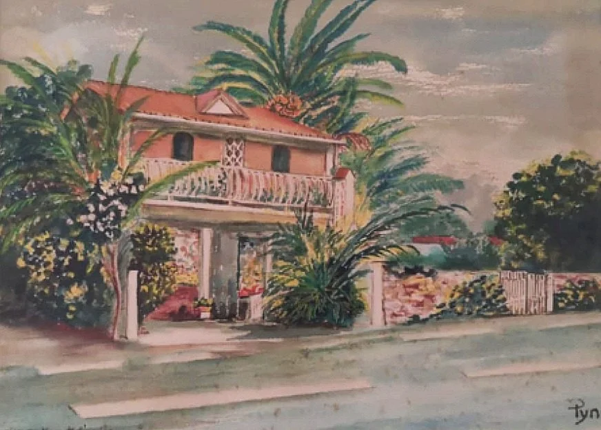 Watercolour painting of the original Amigo house on the Royal Road, Cap Malheureux